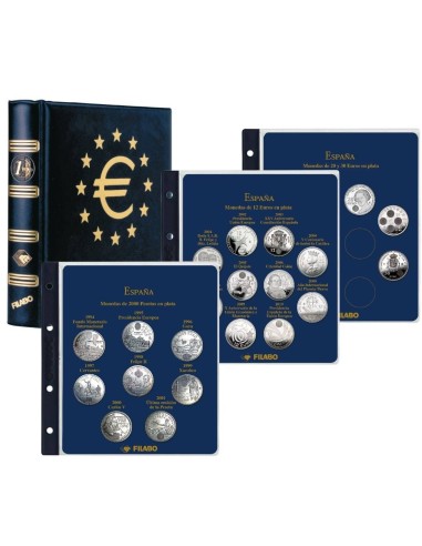 ALBUM MONEDAS DE ESPAÑA EN PLATA DE 2000 PESETAS, 12 EURO, 20 EUROS Y 30 EUROS EN SKAY AZUL CON CAJETIN